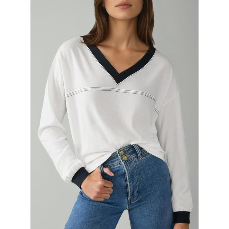 Dokotoo Women Blouses Dressy Casual Long Sleeve Shirts V Neck Color Block Tops Fall Outfits 2025