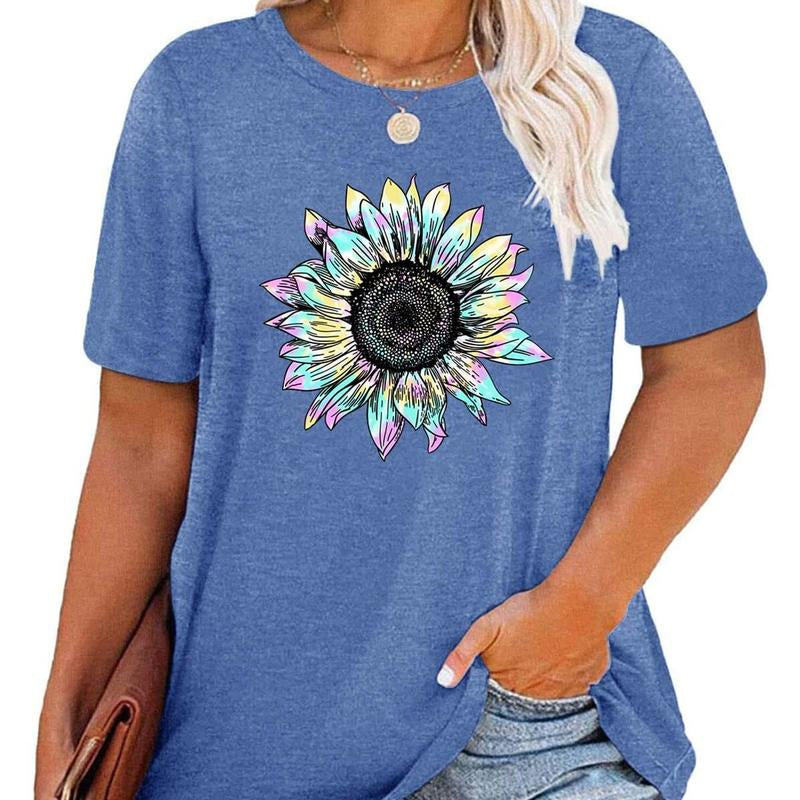 Womens plus Size Tops Casual Daisy Graphic T Shirts Short Sleeve Loose Summer Blouse