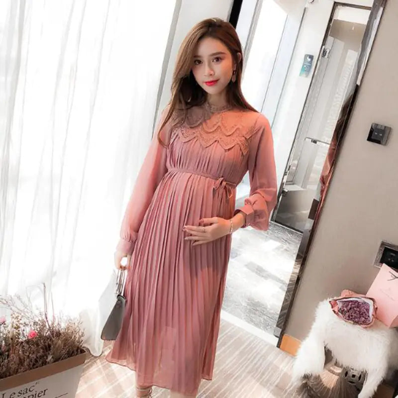 Long Sleeve Pleated Chiffon Maternity Dresses