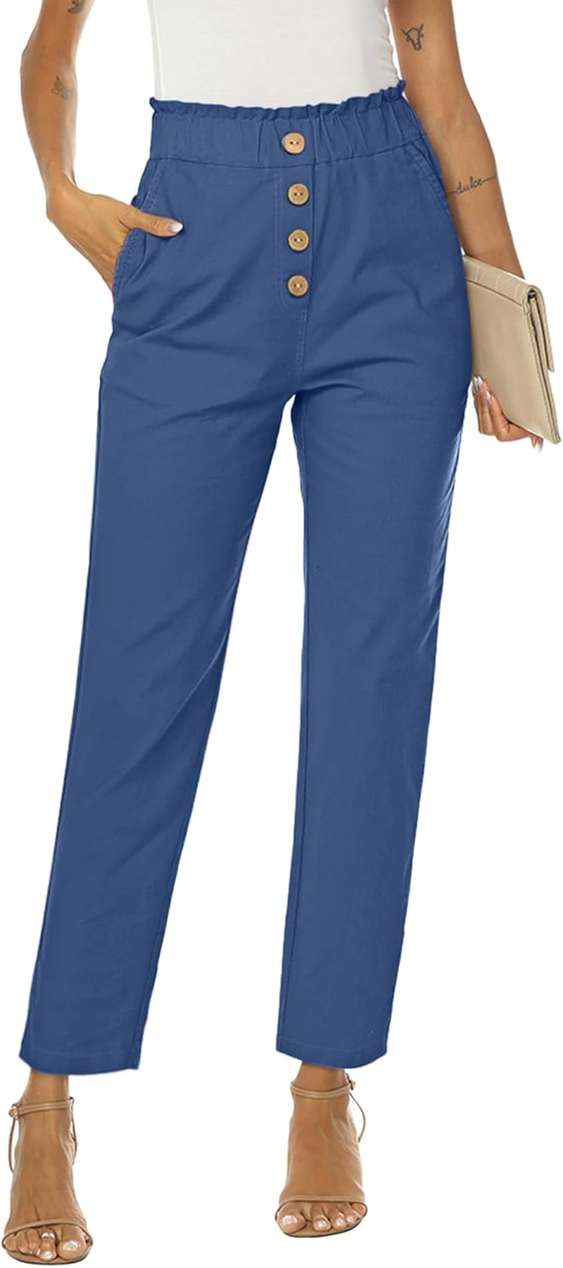 Womens Casual Pants High Waisted Work Pants Elastic Cropped Dress Paper Bag Pants with Pockets