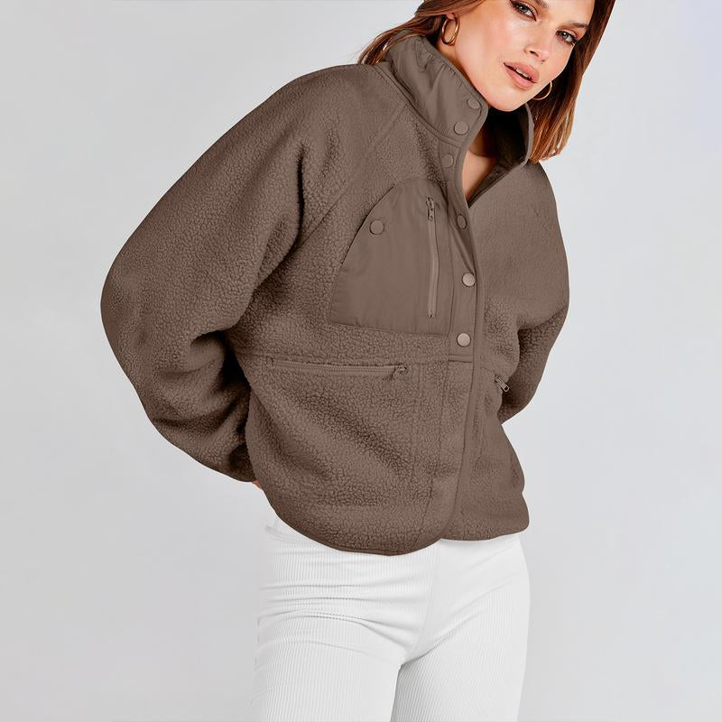 ANRABESS Womens Fleece Jacket Button down Shacket Casual Sherpa Cropped Coats Warm Outwear with Pockets