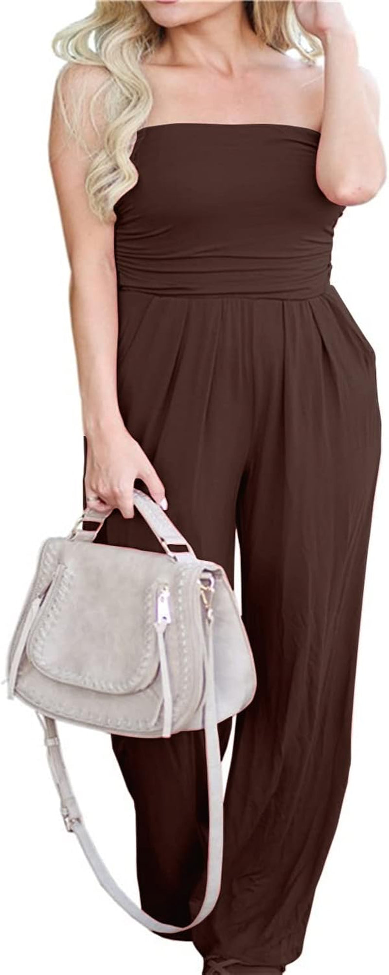 Women'S Tube Top Strapless off Shoulder Loose Wide Leg Jumpsuit Romper with Pockets