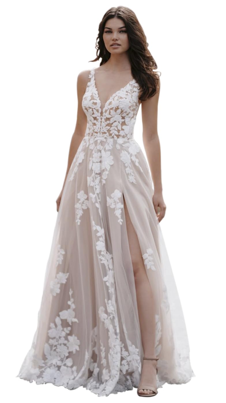 Loyeloy V Neck Beach Wedding Dresses for Women 2023 Boho A-Line Lace Slit Elegant Bridal Wedding Gowns for Bride Champagne 14