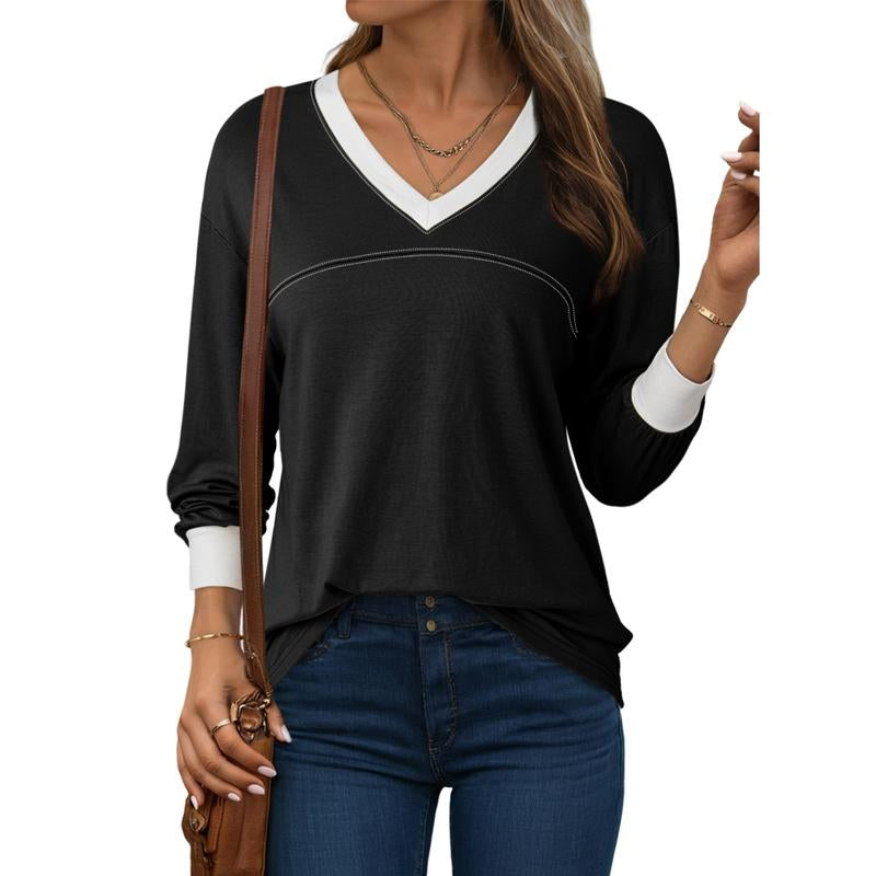 Dokotoo Women Blouses Dressy Casual Long Sleeve Shirts V Neck Color Block Tops Fall Outfits 2025