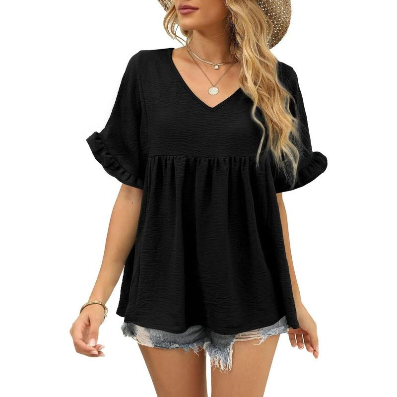WIHOLL Womens Tops Casual V Neck Ruffle Sleeve T Shirts Babydoll Loose Fit Peplum Tops