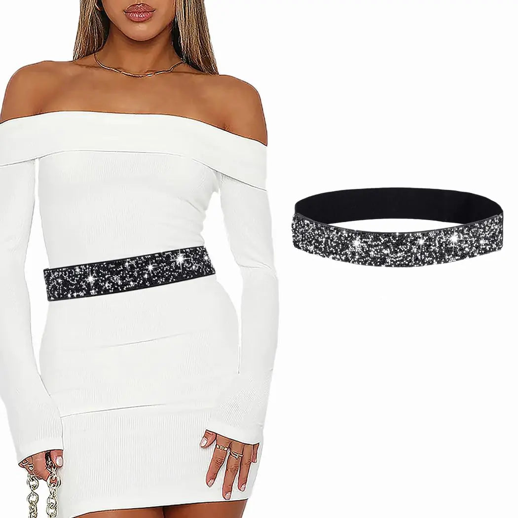 Bounzhi Women Belt Rhinestone Stretch Dresses Belts Elastic Vintage Waist Belt for Women (Black M(31"-34"))