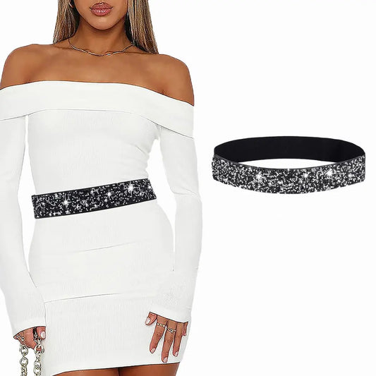 Bounzhi Women Belt Rhinestone Stretch Dresses Belts Elastic Vintage Waist Belt for Women (Black M(31"-34"))