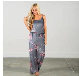 Floral Jumpsuit, Loose Fit Long Pants, Strap Jumpsuit