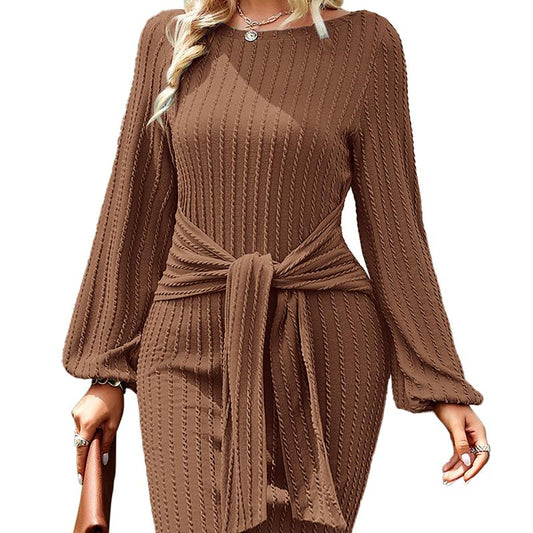 HOTOUCH 2025 Fall New Arrivals Women'S Casual Knit Dress Long Lantern Sleeve Fall Bodycon Dress Crewneck Tie Waist Rib Knitted Sweater Dresses
