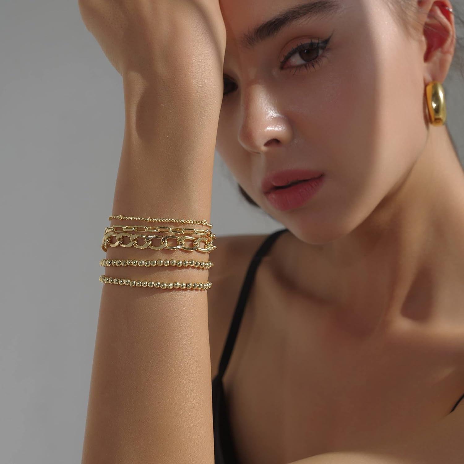 Gold Beaded Bracelets for Women Gold Bracelets for Women Plated Chain Link Bracelet Stretchable Bracelet… (Gold-01(5Pcs-G))…