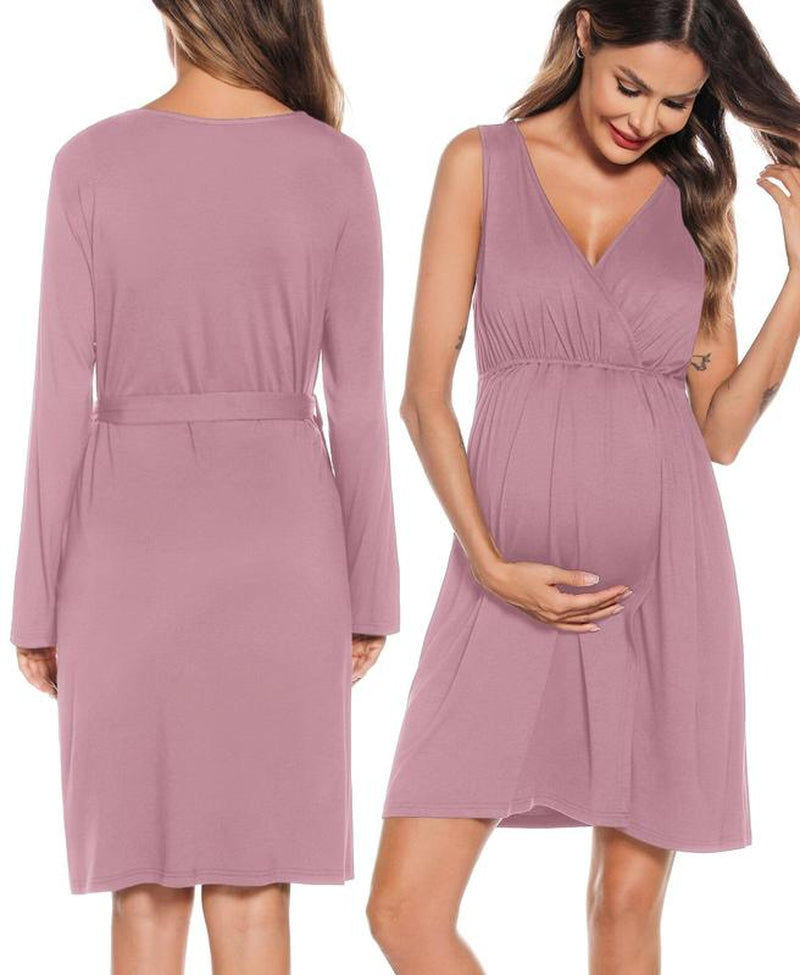 SWOMOG Women Maternity Nursing Gown and Robe Set 3 in 1 Soft Modal Fabric Nursing Gown for Hospital Bathrobe Pregnancy Postpartum Outfits Pregnant