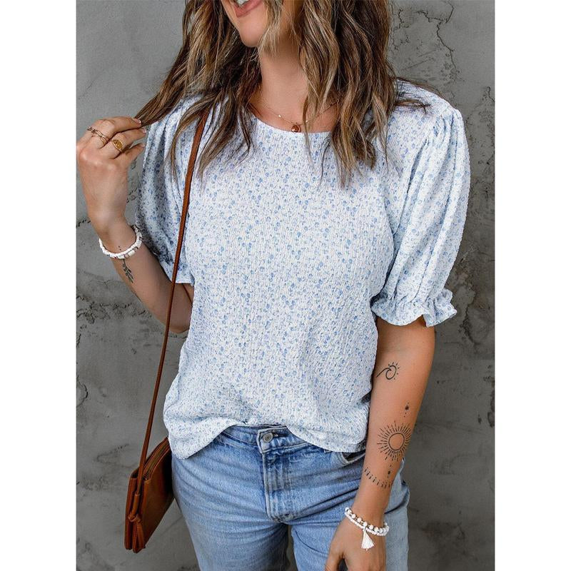 Dokotoo Floral Print Blouses for Women Crewneck Smocked Puff Sleeve Shirts Casual Babydoll Tops