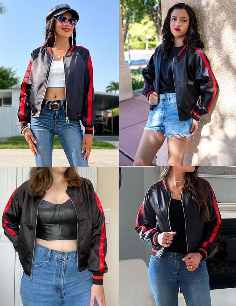 ZEAGOO Women Bomber Jacket Lightweight Zip up Jacket Casual Striped Jacket Coat Outerwear Windbreaker with Pockets