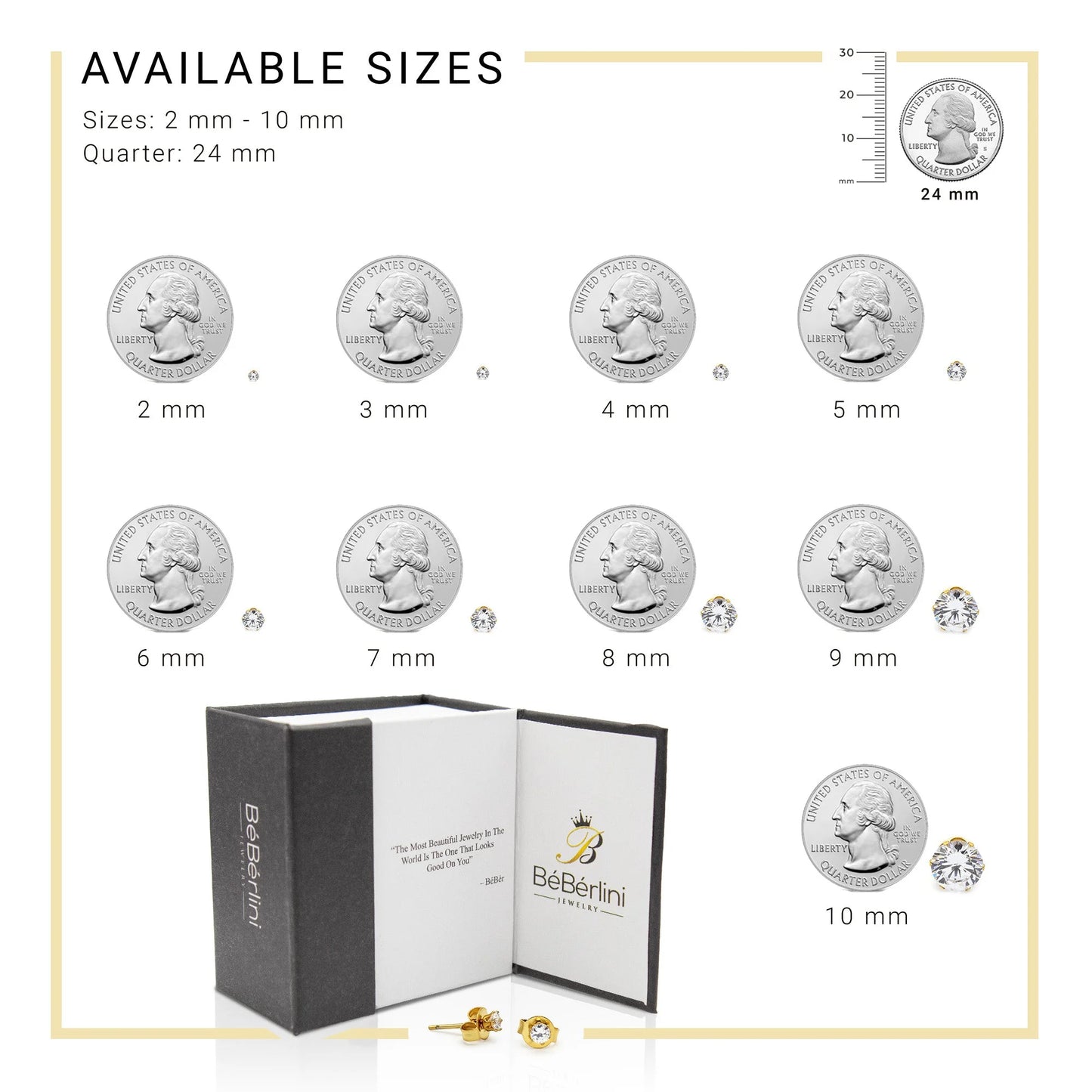 Men Stud Earrings CZ 14K Gold Plated Stainless Steel Jewelry round 6 Mm