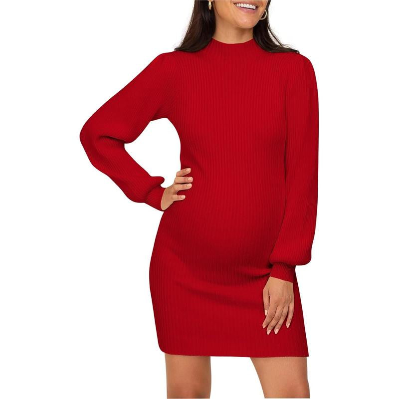 Wenrine Maternity Sweater Dress for Pregnant Women Turtleneck Puff Sleeve Knit Slim Fit Bodycon Mini Dress