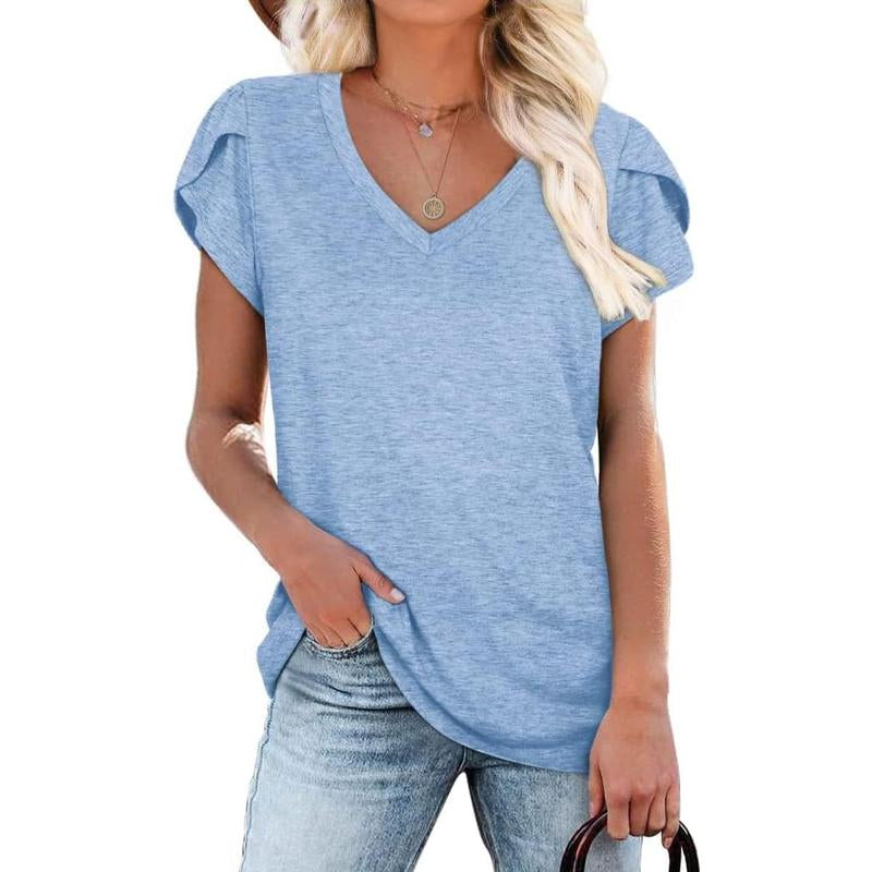 WIHOLL Womens Tops V Neck Summer Petal Sleeve Casual Tshirts