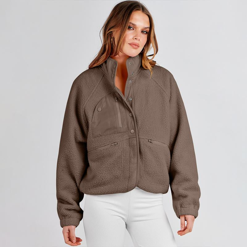 ANRABESS Womens Fleece Jacket Button down Shacket Casual Sherpa Cropped Coats Warm Outwear with Pockets