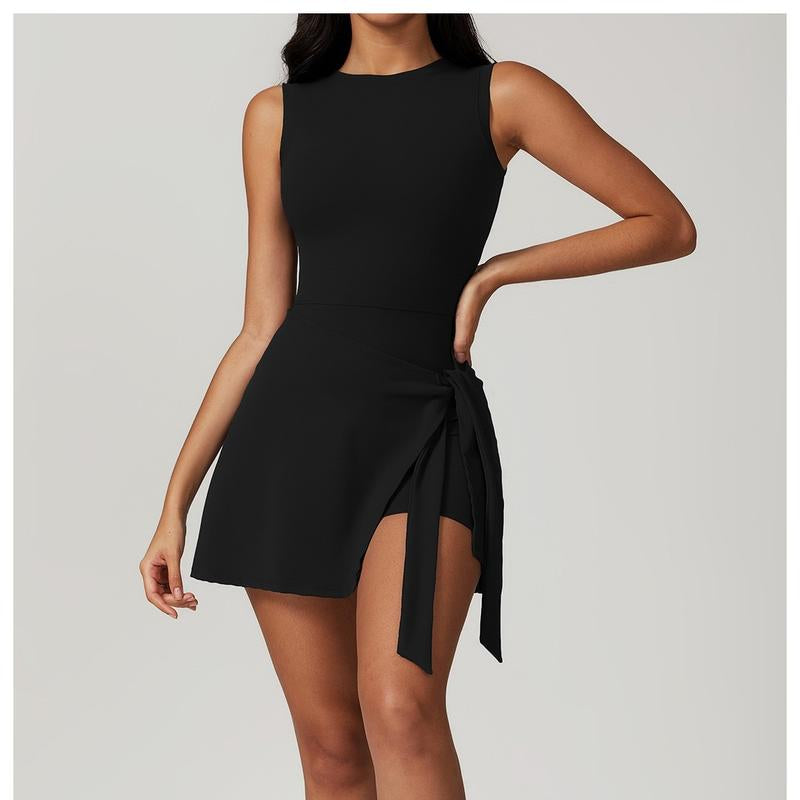Women'S Tennis Dress with Built-In Shorts, Ruffle Side Slit and Tie Front Design - Sleeveless Athletic Dress for Summer Workouts Exercise Sport