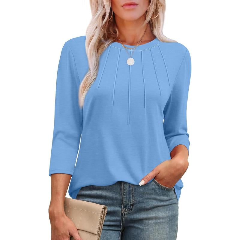 WIHOLL 3/4 Length Sleeve Womens Tops round Neck Casual Tunic Tops Basic Pleated Shirts Loose Fit 2024