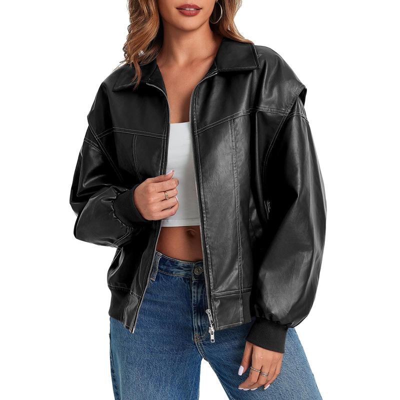 Goranbon Womens Oversized Leather Bomber Jackets Cap Sleeve Zip up Motorcycle Coats with Pockets