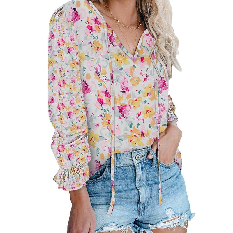 Dokotoo Women'S Casual Boho Floral Printed V Neck Tops Drawstring Short Long Sleeve T Shirt Blouses