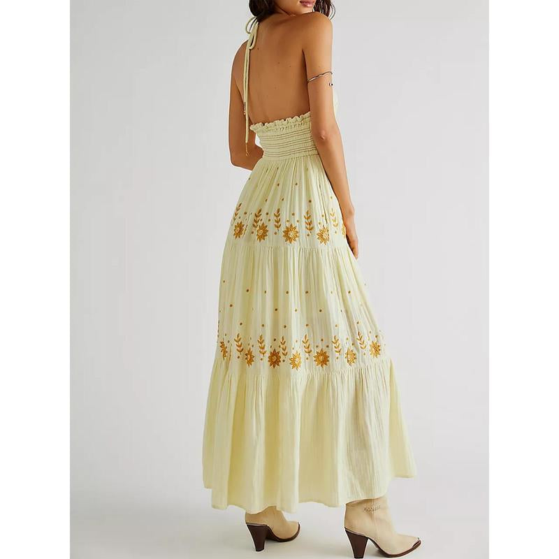 Embroidered Boho Maxi Dress for Women Spaghetti Strap Open Back Embroidered Tiered Swing Summer Long Dress Y2K Vacation Sundress