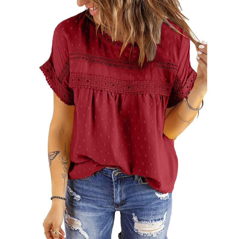 Dokotoo Womens Summer Tops Crewneck Lace Crochet Short Sleeve Shirts Casual Chiffon Blouses