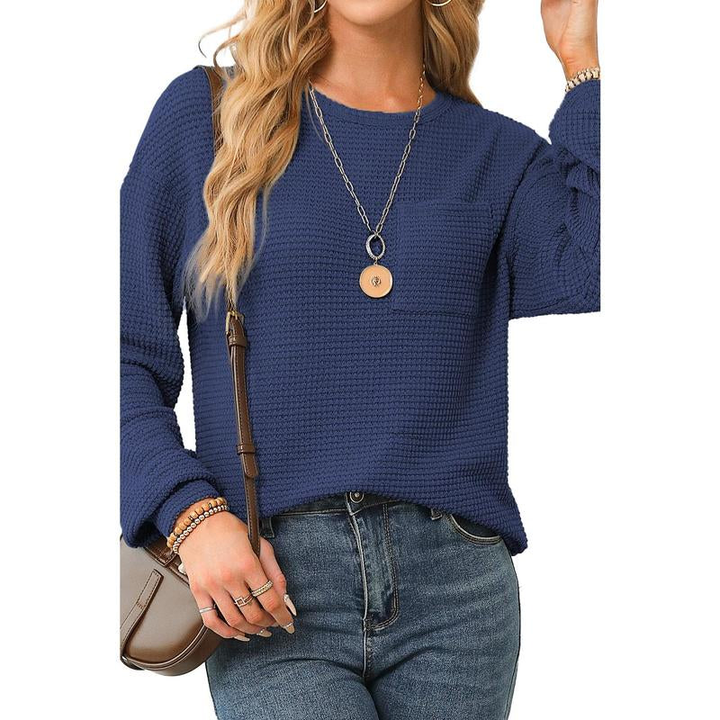 Dokotoo Womens Tops 2025 Oversized Long Sleeve Crewneck Waffle Knit Shirts Business Casual Blouses Basic Shirts Clothes Elegant