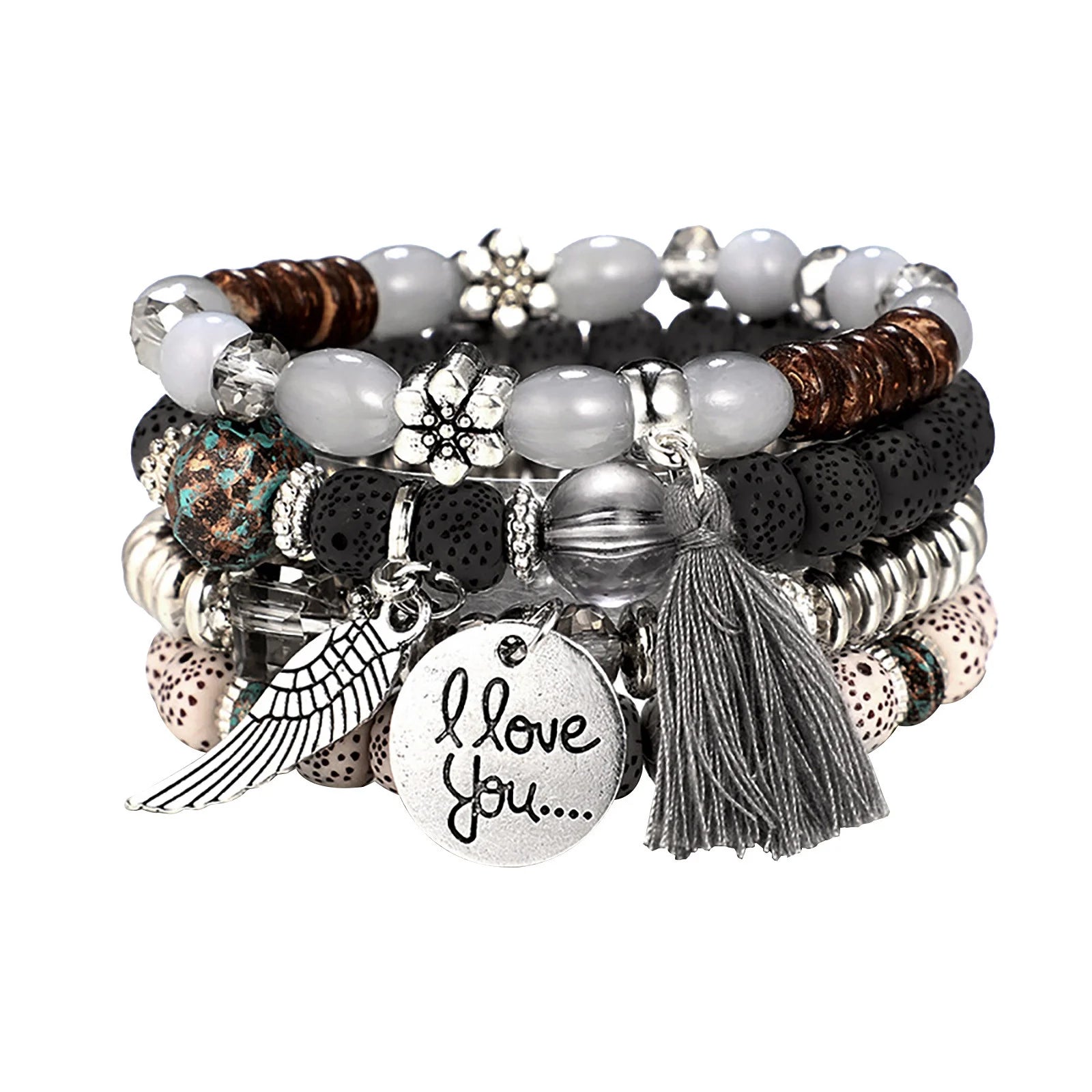 Accessories Bracelets 4 Sets Bohemian Stretch Beaded Bracelets for Women Multilayer Stackable Bracelets Strand Bangles Grey