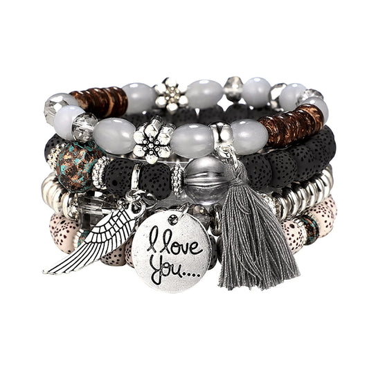 Accessories Bracelets 4 Sets Bohemian Stretch Beaded Bracelets for Women Multilayer Stackable Bracelets Strand Bangles Grey