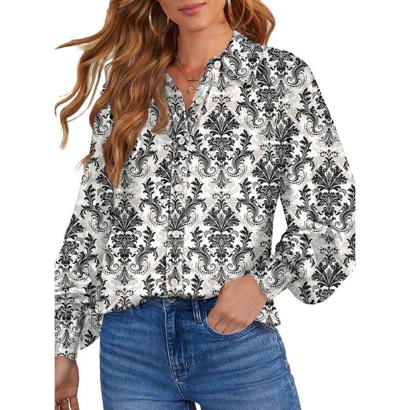 Dokotoo Women'S Casual V Neck Allover Floral Print Long Sleeve Chiffon Button down Blouses Bohemian Top Shirts