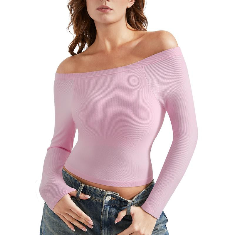OMKAGI Women Long Sleeve Tops Boat Neck off Shoulder Going Out Y2K Tops T-Shirts