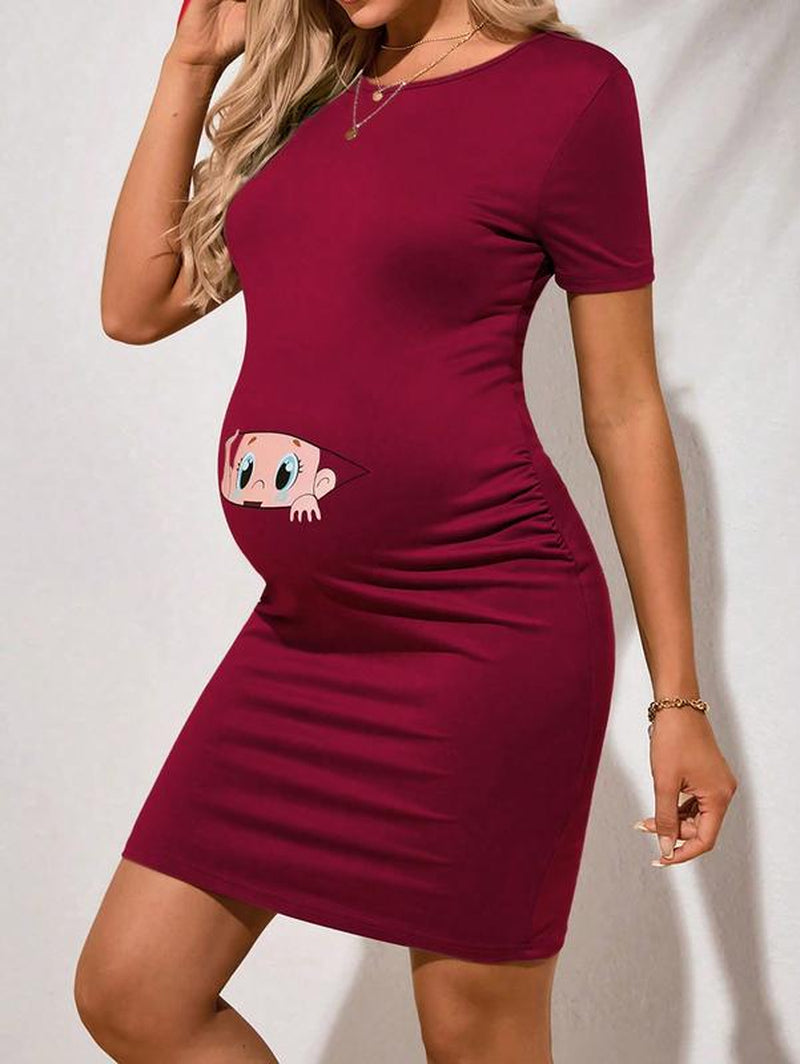Funny Baby & Letter Print Bodycon Women'S Footprint Short Sleeve Maternity Dress Rucheed Pregnancy Clothes Cute Cartoon