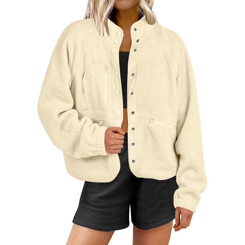 ANRABESS Womens Fleece Jacket Button down Shacket Casual Sherpa Cropped Coats Warm Outwear with Pockets