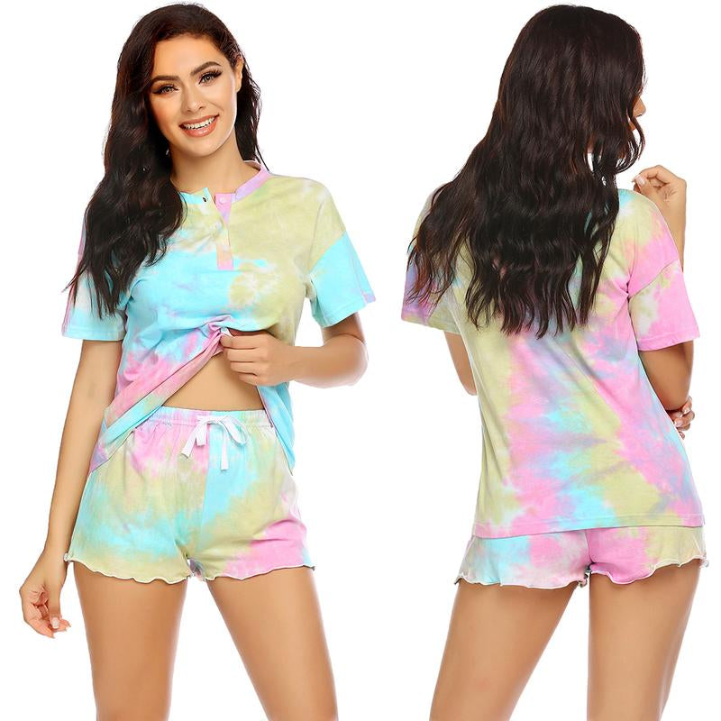 Ekouaer Tie Dye Pajamas Set Womens Loungewear Sleepwear 2 Piece PJ Sets Soft Womenswear Elastic Chic Comfy Casual Crewneck Fits Short Sleeve Jersey Light Drawstring Anniversary Bridal Dress Ladies Party Suit