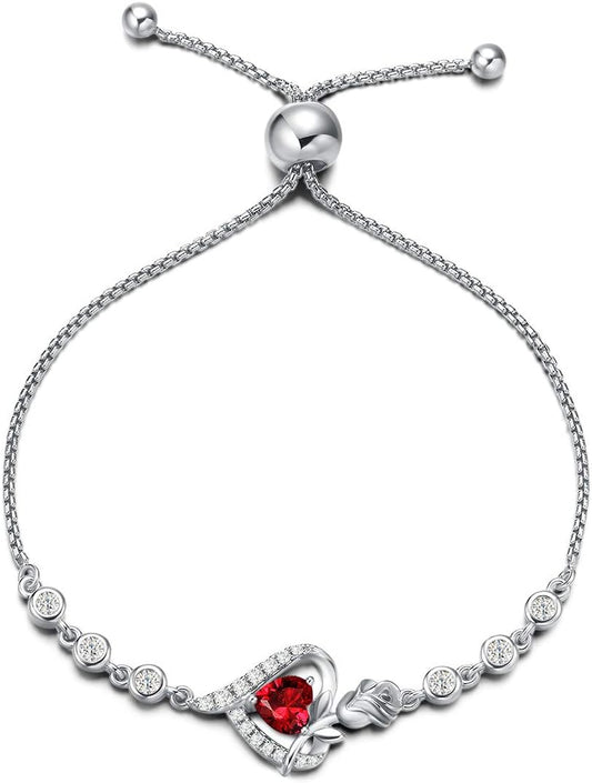Rosy Reverie Birthstone Bracelet for Women Sterling Silver Genuine or Created Gemstone Tennis Bracelet Rose Heart Jewelry Anniversary Birthday Gifts for Women Mom Wife Her