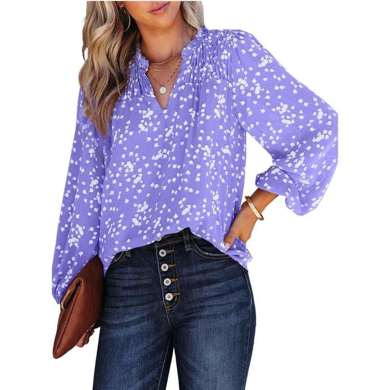 Dokotoo Women'S Casual V Neck Alicia Floral Print Smocked Long Sleeve Chiffon Blouses Bohemian Top Shirts