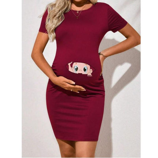 Funny Baby & Letter Print Bodycon Women'S Footprint Short Sleeve Maternity Dress Rucheed Pregnancy Clothes Cute Cartoon