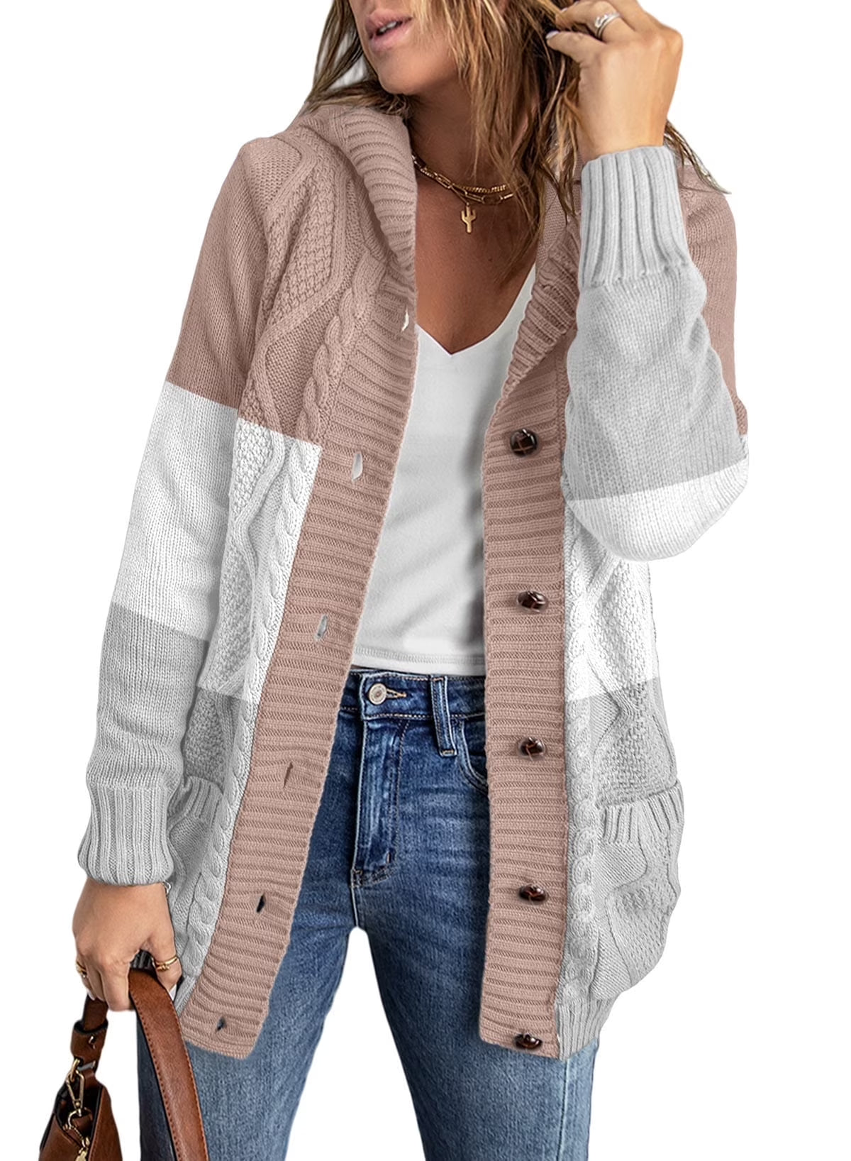 Hooded Cardigan Sweaters for Women Long Sleeve Button down Knit Sweater Coat Outwear with Pockets
