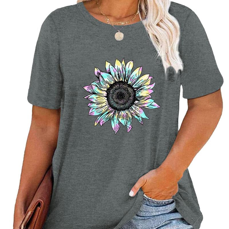 Womens plus Size Tops Casual Daisy Graphic T Shirts Short Sleeve Loose Summer Blouse