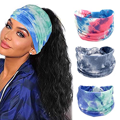 Efdagsad Boho Headband Bohemian Women Wide Hair Band with Button Boho Elastic Sports Headwear Yoga Ear Saver Hair Band Workout Headwrap (SET-1) (SET-14(no button))