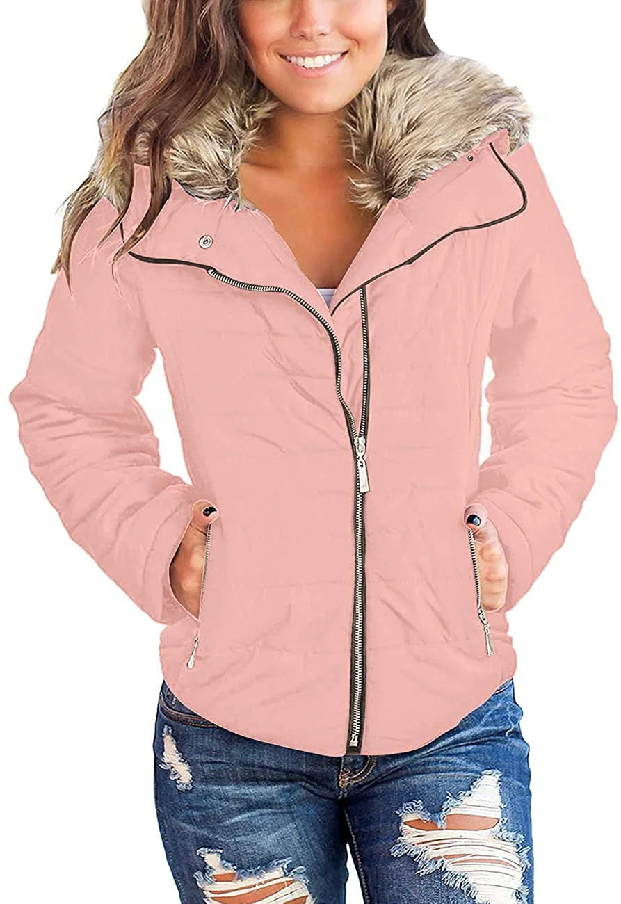 Women Parka Coat Pockets Quilted Puffer Jacket with Faux Fur Lapel, Size S-2XL