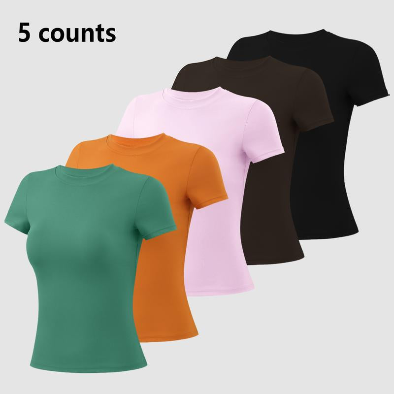 Timeoff 5 - Piece Solid Sports Tee Set , round Neck, Slim & Stretchy , Ideal for Yoga, Gym , Workouts – Women’S Athletic Wear