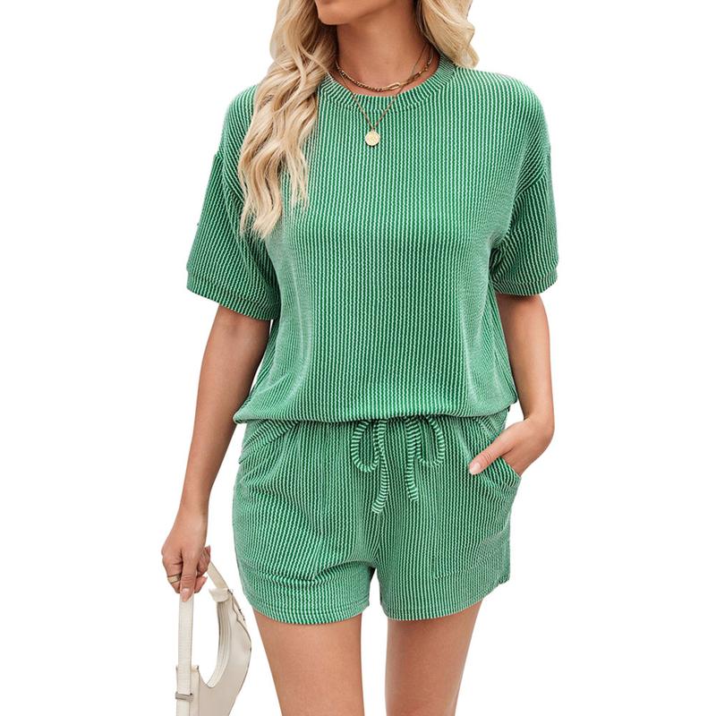 Two Piece Set Summer Lounge Tracksuit Outfits Shorts and Short Sleeve Tops Knitted Clothes