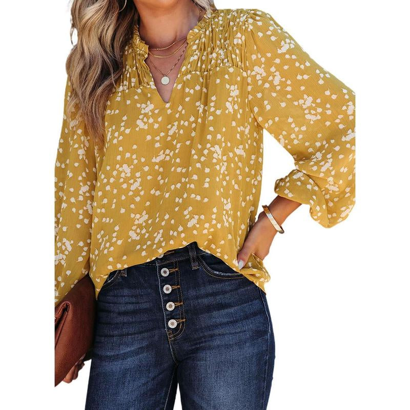 Dokotoo Women'S Casual V Neck Alicia Floral Print Smocked Long Sleeve Chiffon Blouses Bohemian Top Shirts