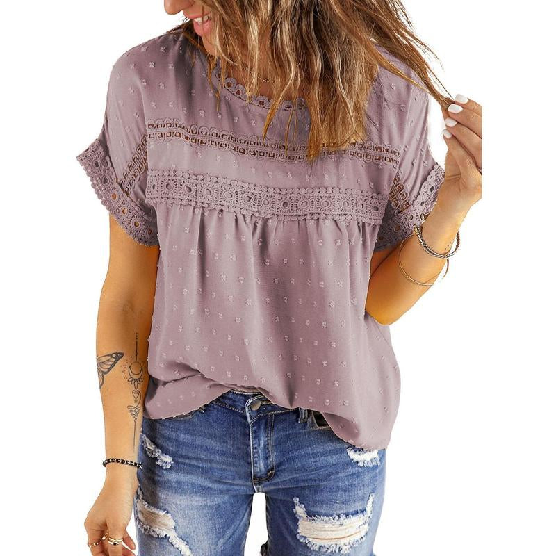 Dokotoo Womens Summer Tops Crewneck Lace Crochet Short Sleeve Shirts Casual Chiffon Blouses