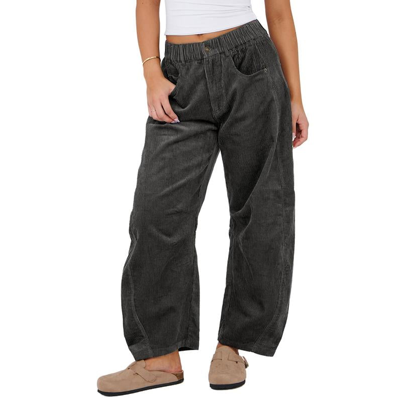 Naeduo Women'S Corduroy Pants Barrel Mid-Rise Elastic Waist Cord Pants Casual Wide Leg Baggy Trouser with Pockets