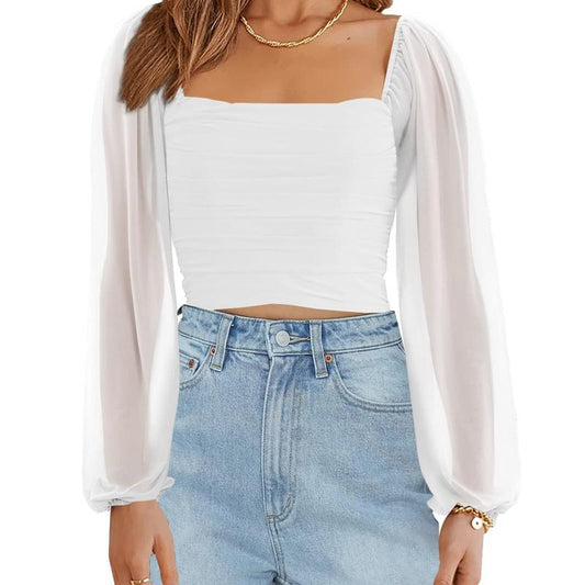 Tankaneo Women'S Summer Mesh Long Sleeve Tops Square Neck Ruched Party Club Casual Crop Blouse Shirt RP5408