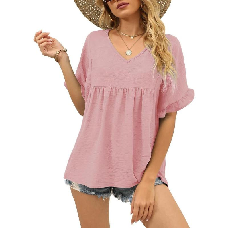 WIHOLL Womens Tops Casual V Neck Ruffle Sleeve T Shirts Babydoll Loose Fit Peplum Tops