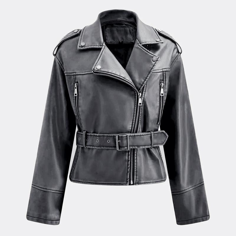 Katchme Womenswear Epaulets Zipper Belt Decor PU Biker Jacket Coats,Outerwear Jacket,Ladies Biker Zipper Pocket Clothes Womenswear